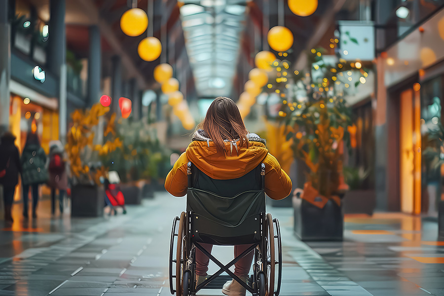 chica paseando por centro comercial en su silla de ruedas un avance en accesibilidad