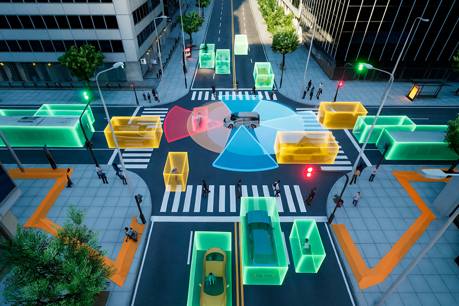 Cruce de calles en una smart city con vehículos autónomos, sensores y peatones detectados por inteligencia artificial, mostrando cómo la tecnología impulsa la accesibilidad y movilidad inclusiva en entornos urbanos.