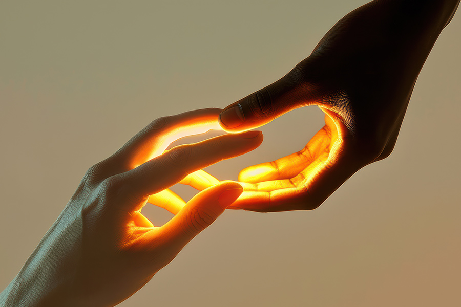 Dos manos iluminadas que se tocan suavemente, simbolizando apoyo, empatía y comprensión hacia las minusvalías invisibles que no se ven a simple vista.