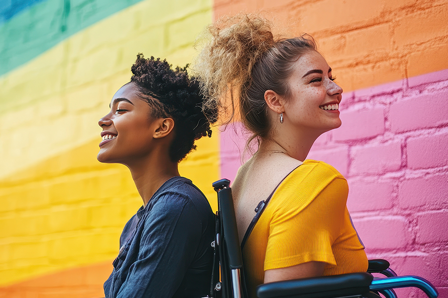 Dos mujeres sonrientes, una de ellas en silla de ruedas, posan frente a un mural colorido representando inclusión y cómo superar el término minusvalías hacia diversidad funcional.