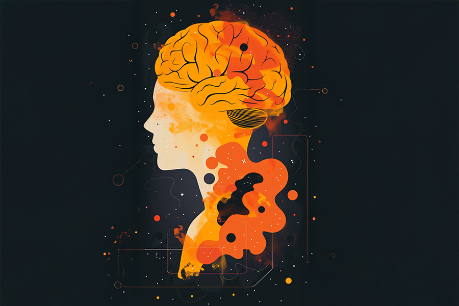 Ilustración de un cerebro en tonos naranjas sobre el perfil humano, representando la neurociencia y los avances científicos que transforman la comprensión de los tipos de discapacidad.